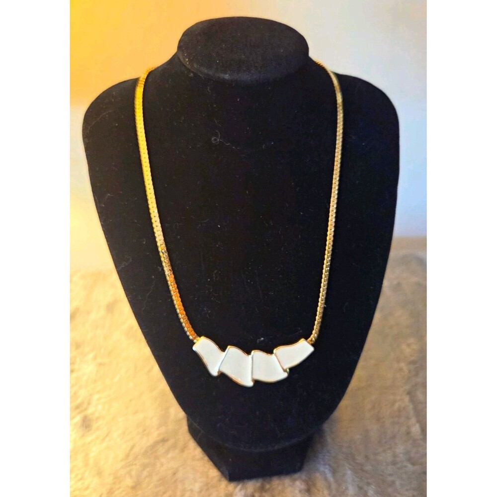 Trifari Signed Gold Tone Curb Chain Necklace White Enamel Asym Pendant 16"